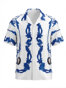 Azure Baroque Scroll Short Sleeve Shawl Collar Shirt / Set