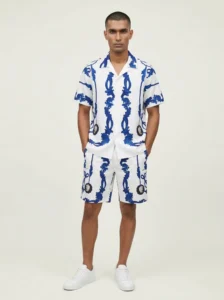 Azure Baroque Scroll Short Sleeve Shawl Collar Shirt / Set
