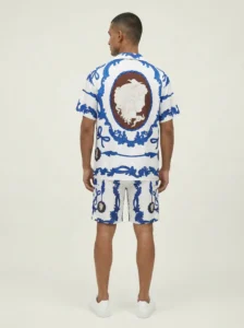 Azure Baroque Scroll Short Sleeve Shawl Collar Shirt / Set
