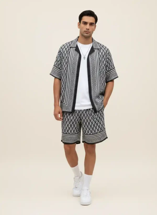 Geometric Labyrinth Monogram Short Sleeve Shawl Collar Shirt / Set
