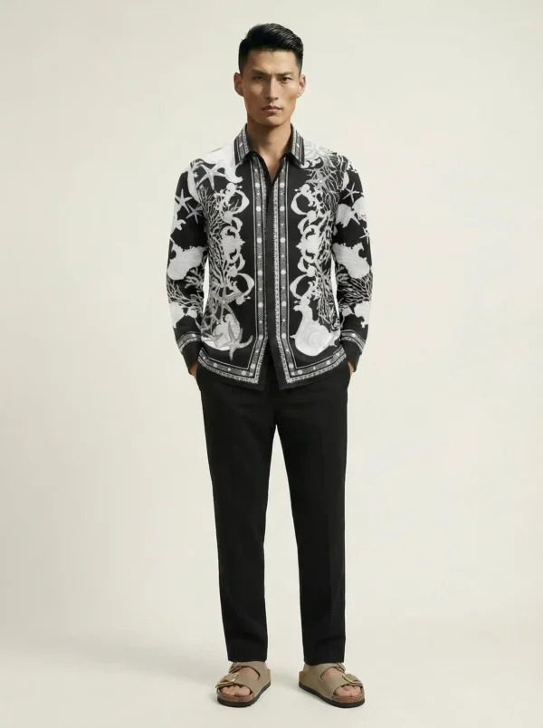 Monochrome Coral Treasure Long Sleeve Pointed Lapel Shirt / Set