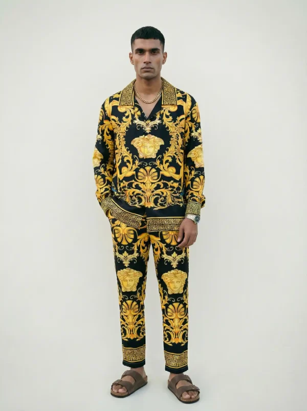 Regal Gold Medusa Baroque Long Sleeve Shawl Collar Shirt / Set