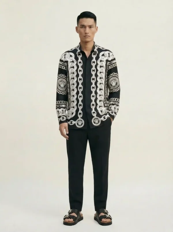Silver Chain Medusa Motif Long Sleeve Pointed Lapel Shirt / Set