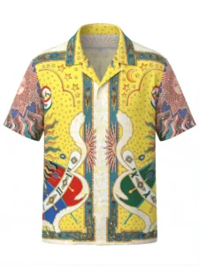 Solar Zodiac Mosaic Short Sleeve Shawl Collar Shirt / Set