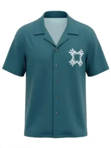 Minimalist Teal Emblem Short Sleeve Pointed Lapel Shirt / Set