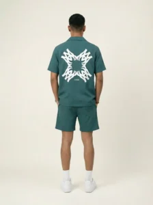 Minimalist Teal Emblem Short Sleeve Pointed Lapel Shirt / Set