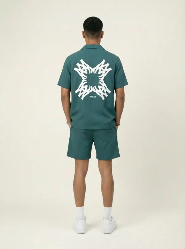 Minimalist Teal Emblem Short Sleeve Pointed Lapel Shirt / Set 鈥?back
