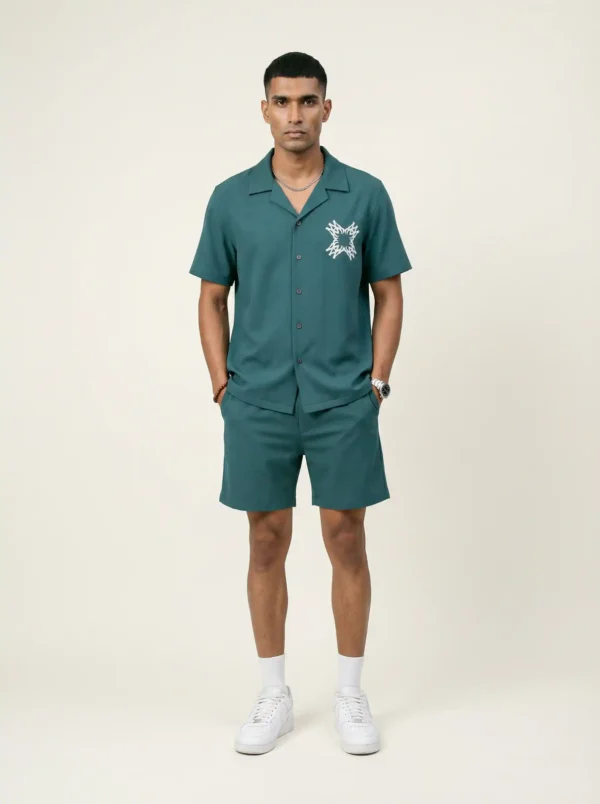 Minimalist Teal Emblem Short Sleeve Pointed Lapel Shirt / Set