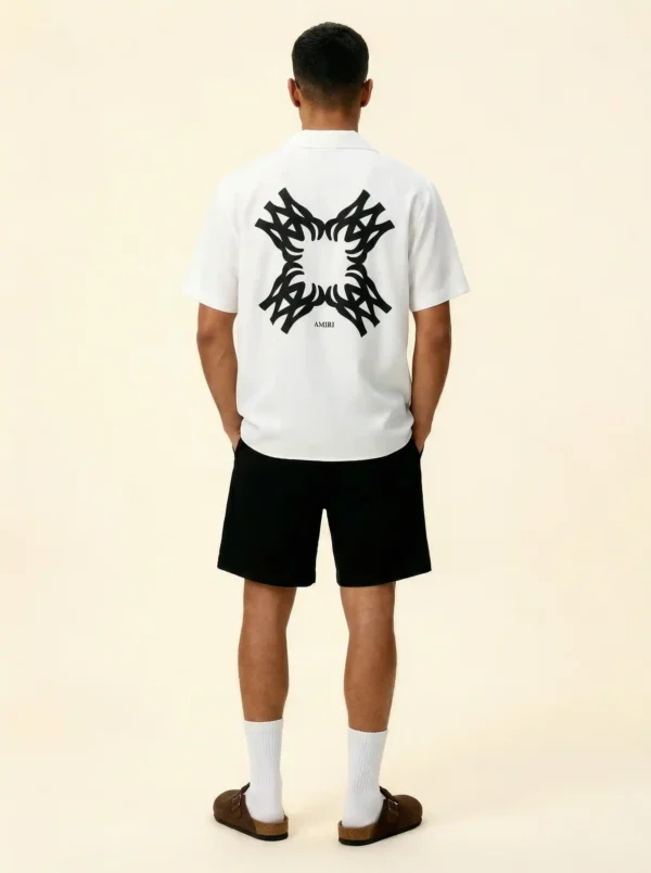 Monochrome Crest Minimalist Short Sleeve Shawl Collar Shirt / Set 鈥?back