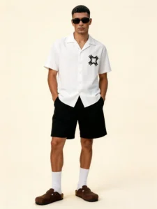 Monochrome Crest Minimalist Short Sleeve Shawl Collar Shirt / Set