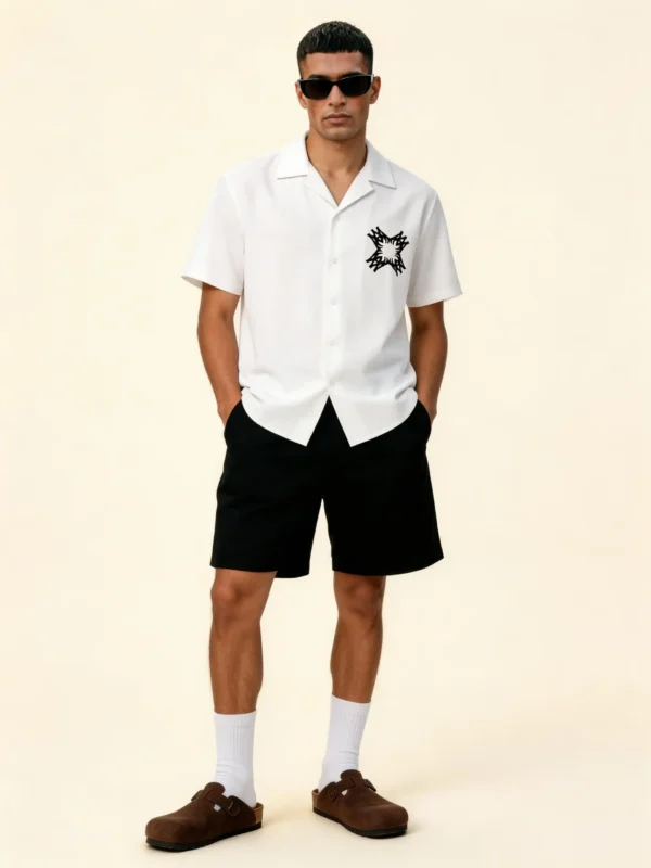 Monochrome Crest Minimalist Short Sleeve Shawl Collar Shirt / Set