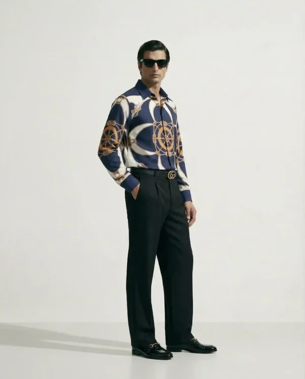 Nautical Captain Wheel Long Sleeve Shawl Collar Shirt / Set