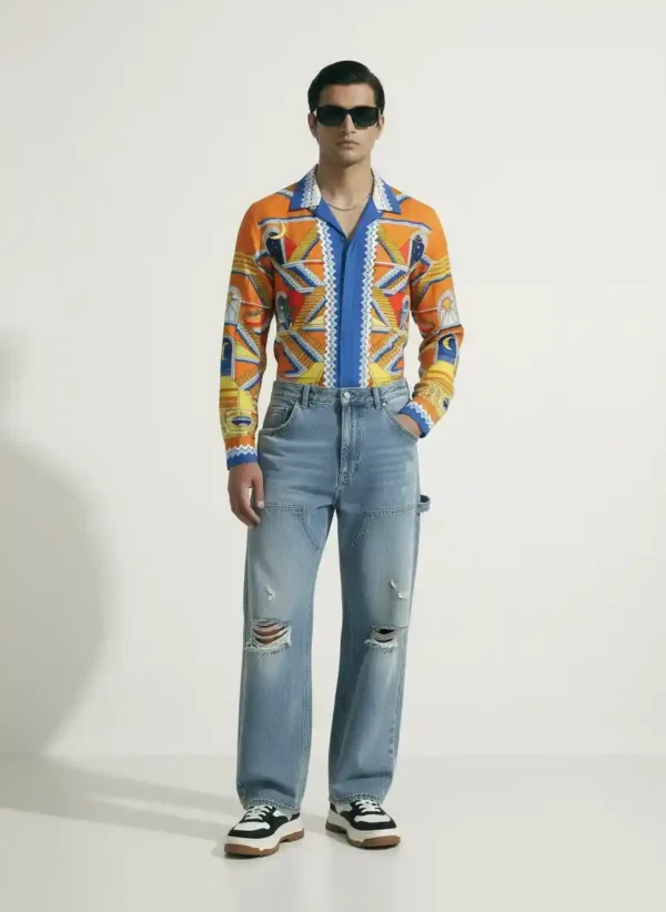 Azure Staircase Architectural Long Sleeve Shawl Collar Shirt / Set