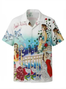 Casa Postcard Romance Short Sleeve Shawl Collar Shirt / Set