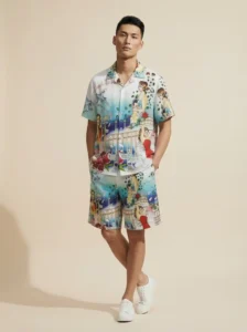 Casa Postcard Romance Short Sleeve Shawl Collar Shirt / Set