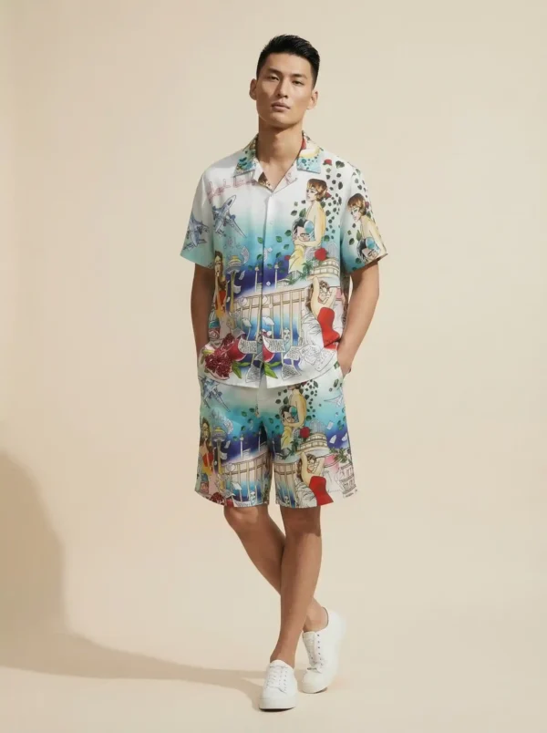Casa Postcard Romance Short Sleeve Shawl Collar Shirt / Set
