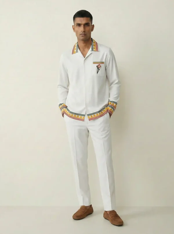 Ivory Monogram Heritage Long Sleeve Shawl Collar Shirt / Set