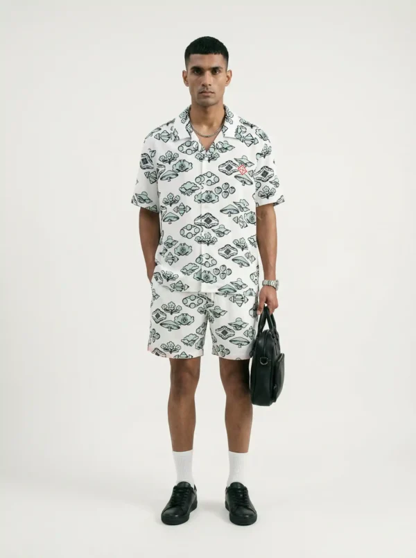 Mint Nature Tapestry Short Sleeve Shawl Collar Shirt / Set