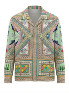 Mint Swan Geometric Mosaic Long Sleeve Shawl Collar Shirt / Set