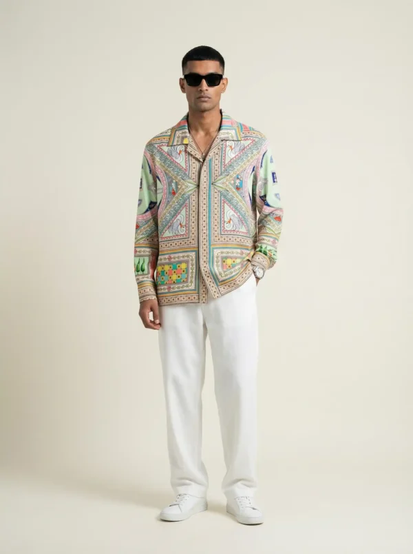 Mint Swan Geometric Mosaic Long Sleeve Shawl Collar Shirt / Set
