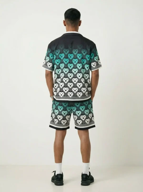 Teal Heart Gradient Short Sleeve Shawl Collar Shirt / Set 鈥?back