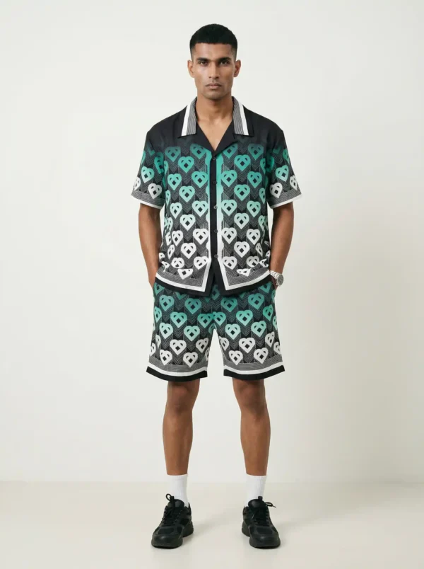 Teal Heart Gradient Short Sleeve Shawl Collar Shirt / Set