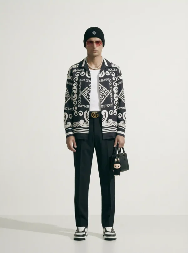 Monochrome Bandana Branding Long Sleeve Pointed Lapel Shirt / Set