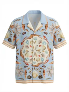 Nautical Seashell Mandala Short Sleeve Shawl Collar Shirt / Set