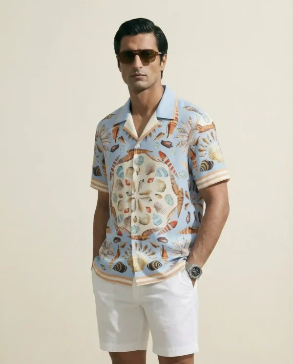 Nautical Seashell Mandala Short Sleeve Shawl Collar Shirt / Set