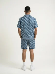 Azure Geometric Monogram Short Sleeve Shawl Collar Shirt / Set