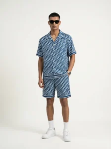 Azure Geometric Monogram Short Sleeve Shawl Collar Shirt / Set