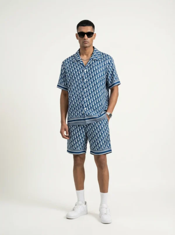 Azure Geometric Monogram Short Sleeve Shawl Collar Shirt / Set